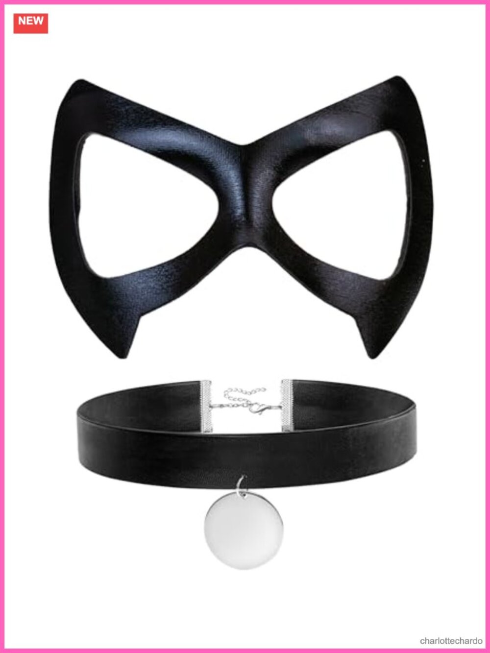Cat Eye Half Mask & Choker Set Faux Leather Masquerade Costume Accessory